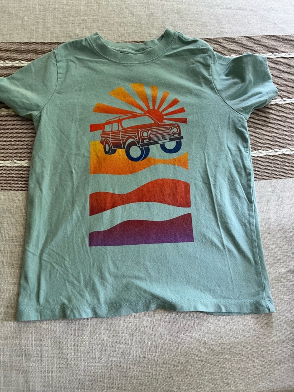 Hanna Andersson Kids Sage Green Graphic Tee with Sunset Surf Wagon
